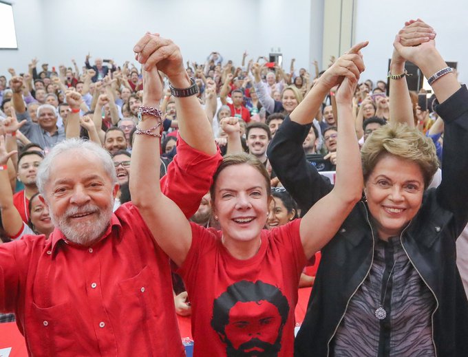 Lula, Gleisi Hoffmann e Dilma Rousseff em reunião do PT