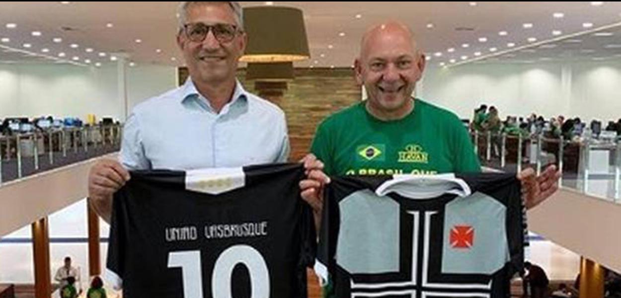 Alexandre Campello, presidente do Vasco, e Luciano Hang, dono da Havan, em reunião na sede da empresa