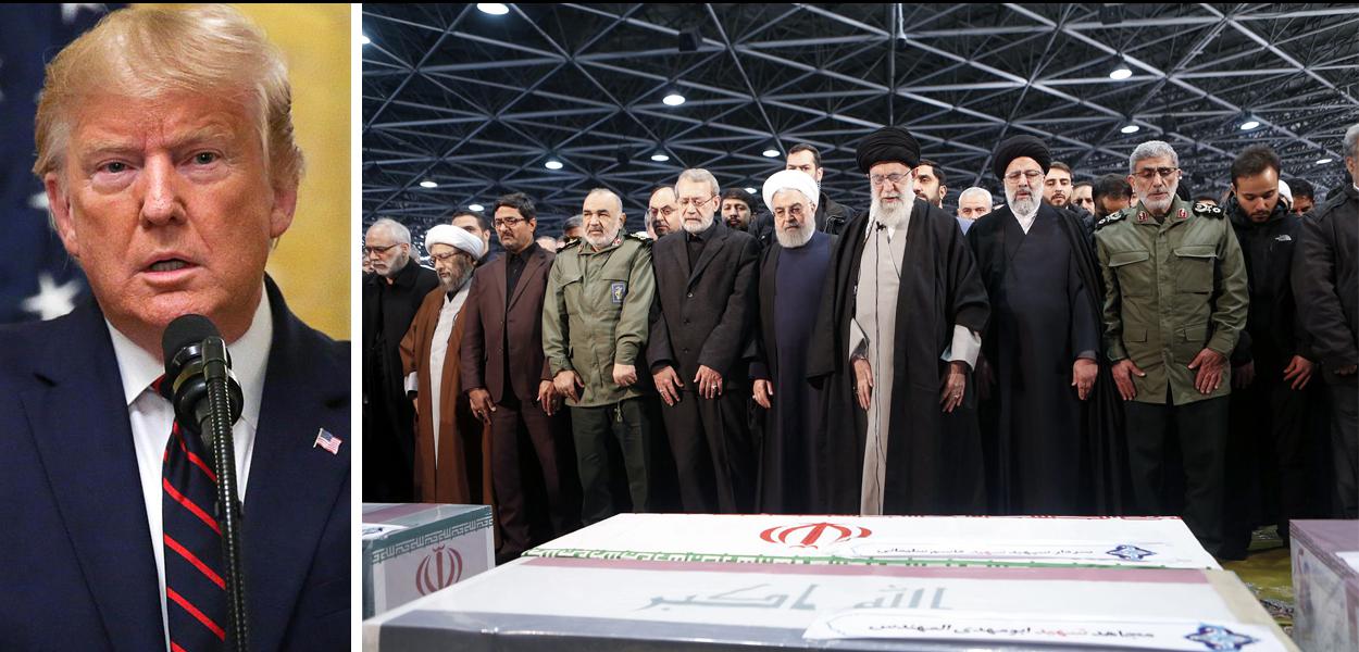 O Líder Supremo iraniano Aiatolá Ali Khamenei (terceiro à esquerda), o presidente Iraniano Hassan Rouhani e o presidente do Parlamento iraniano, Ali Larijani (esquerda) na cerimônia funerária, em Teerã, de Qasem Soleimani