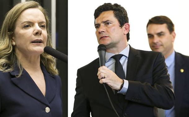 Gleisi Hoffmann, Sérgio Moro e Flávio Bolsonaro ao fundo