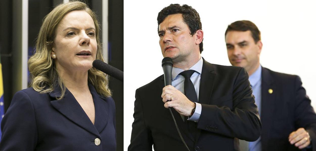 Gleisi Hoffmann, Sérgio Moro e Flávio Bolsonaro ao fundo