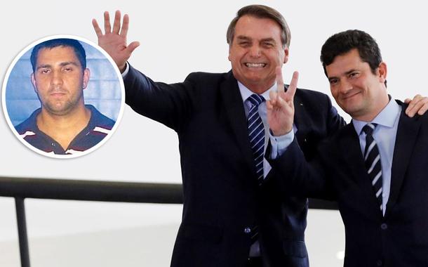 Adriano Magalhães da Nóbrega no detalhe; Jair Bolsonaro e Sérgio Moro