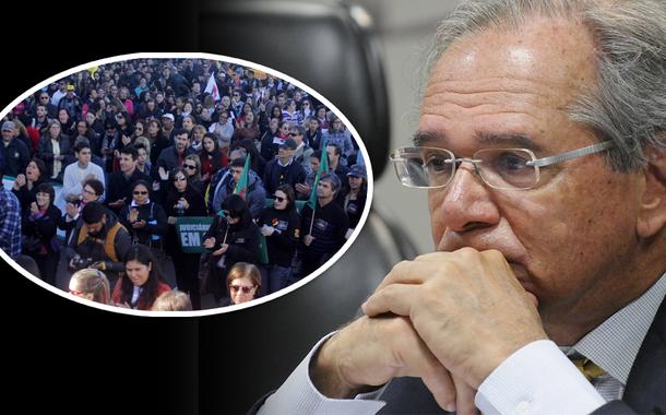 Funcionários públicos fazem manifestação; Ministro da Economia Paulo Guedes