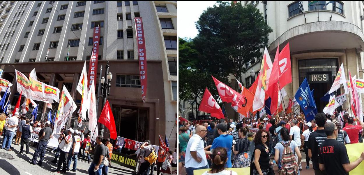 Trabalhadores marcham em defesa do INSS.
