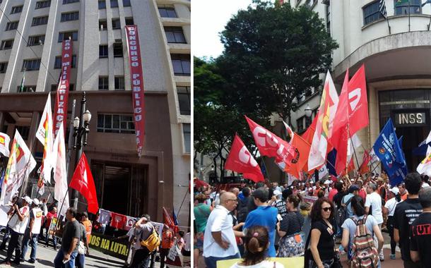 Trabalhadores marcham em defesa do INSS.