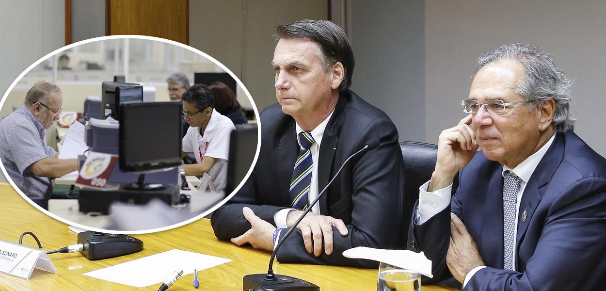 Atendimento na Agência da Previdência Social (APS); Jair Bolsonaro durante reunião com o Ministro da Economia, Paulo Guedes