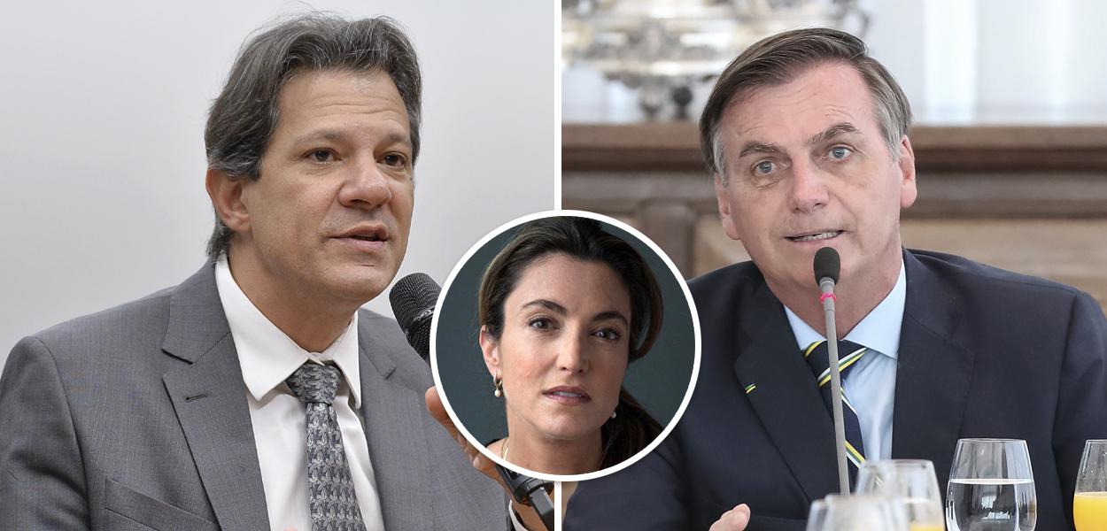 Fernando Haddad, Patricia Campos Mello no detalhe e Jair Bolsonaro