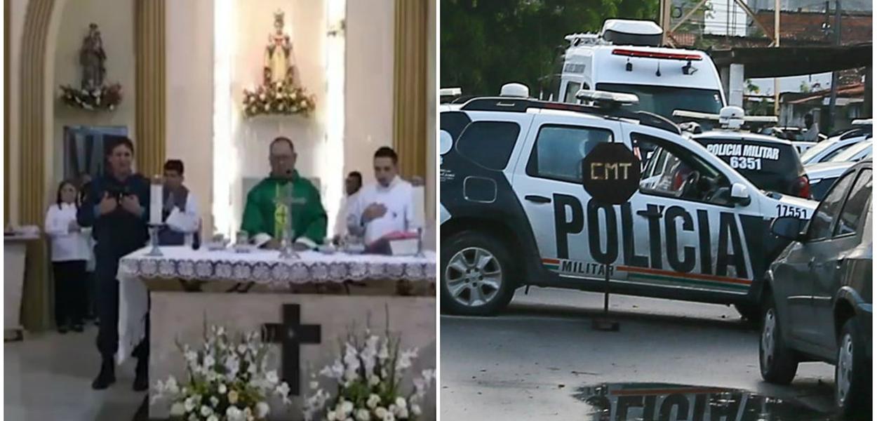 PM vai a igreja pedir apoio a motim no Ceará (Foto: Esq.: Reprodução) PM vai a igreja pedir apoio a motim no Ceará