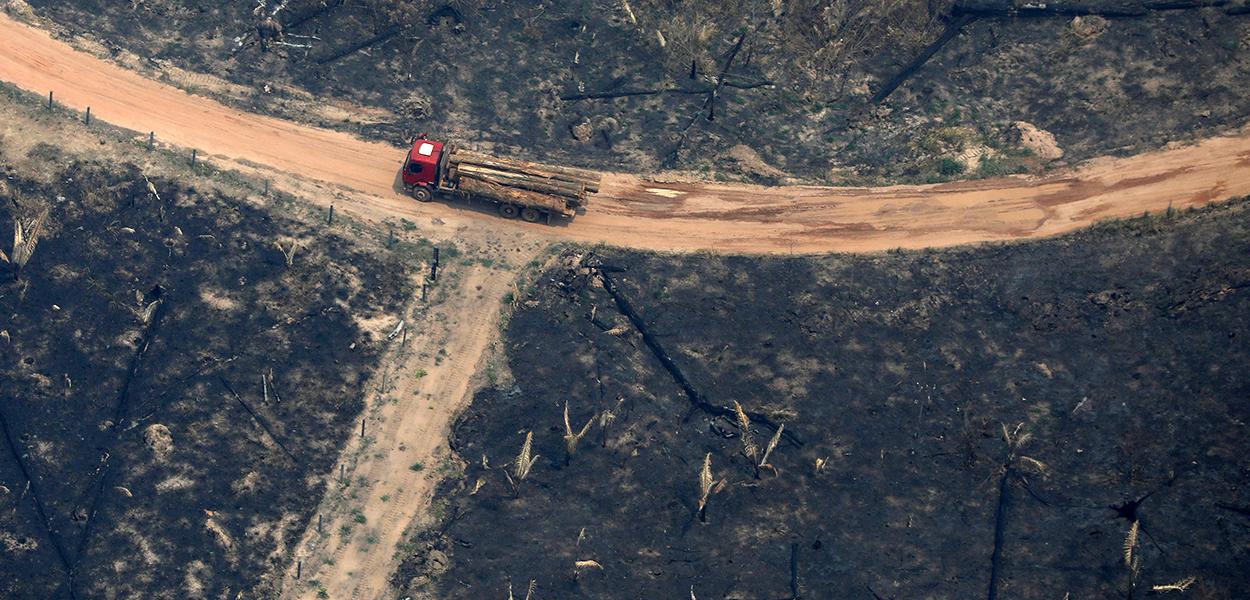 Caminhão trafega em área desmatada da floresta amazônica no Estado do Amazonas