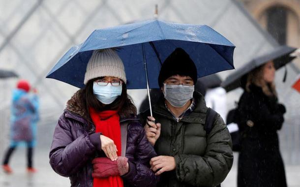 Pessoas de máscara em frente ao Museu do Louvre, em Paris
