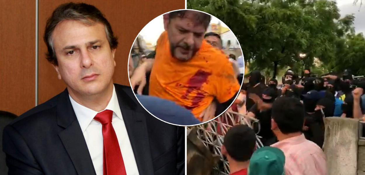 Camilo Santana, governador do Ceará. No detalhe, Cid Gomes quando foi baleado por amotinados da PM