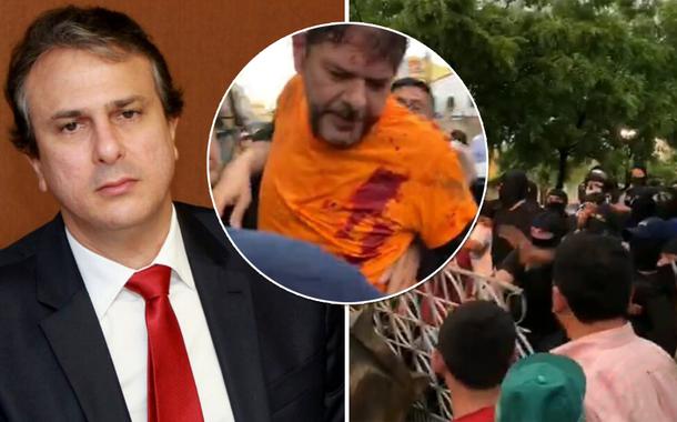 Camilo Santana, governador do Ceará. No detalhe, Cid Gomes quando foi baleado por amotinados da PM