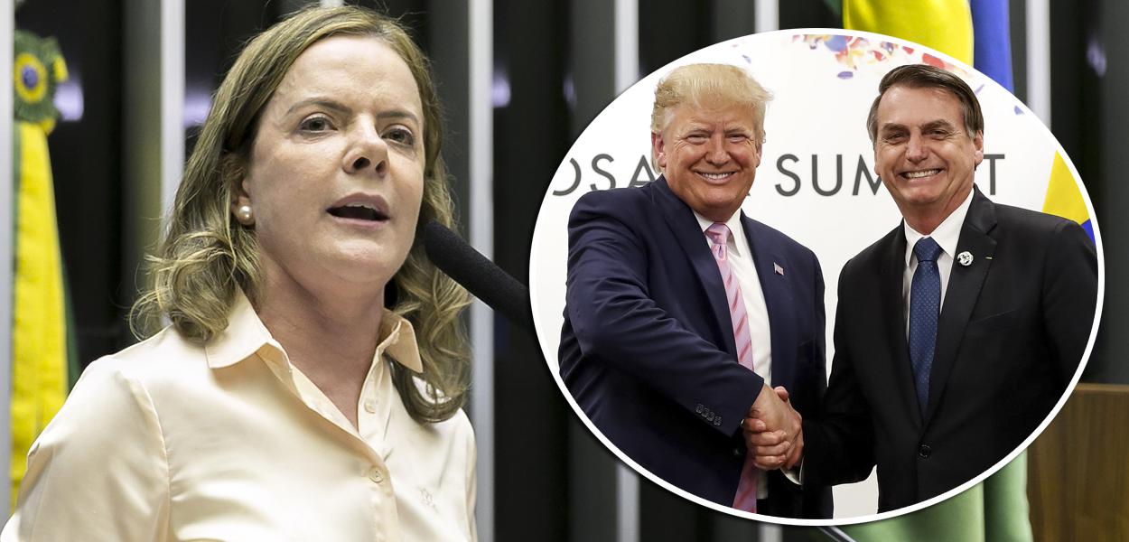 Montagem (da esq. para a dir.): Gleisi Hoffmann, Donald Trump e Jair Bolsonaro