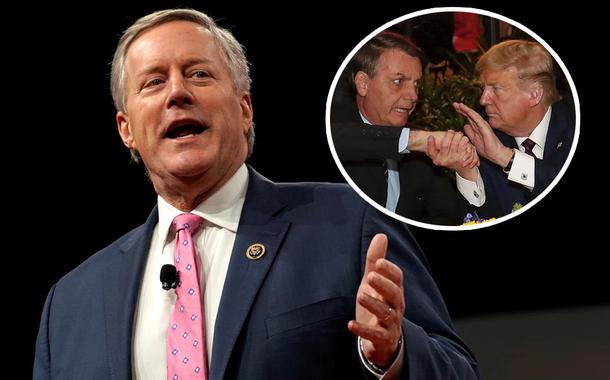 Mark Meadows; Jair Bolsonaro e Donald Trump no detalhe