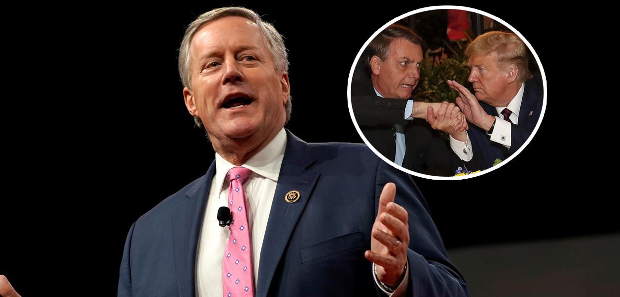 Mark Meadows; Jair Bolsonaro e Donald Trump no detalhe