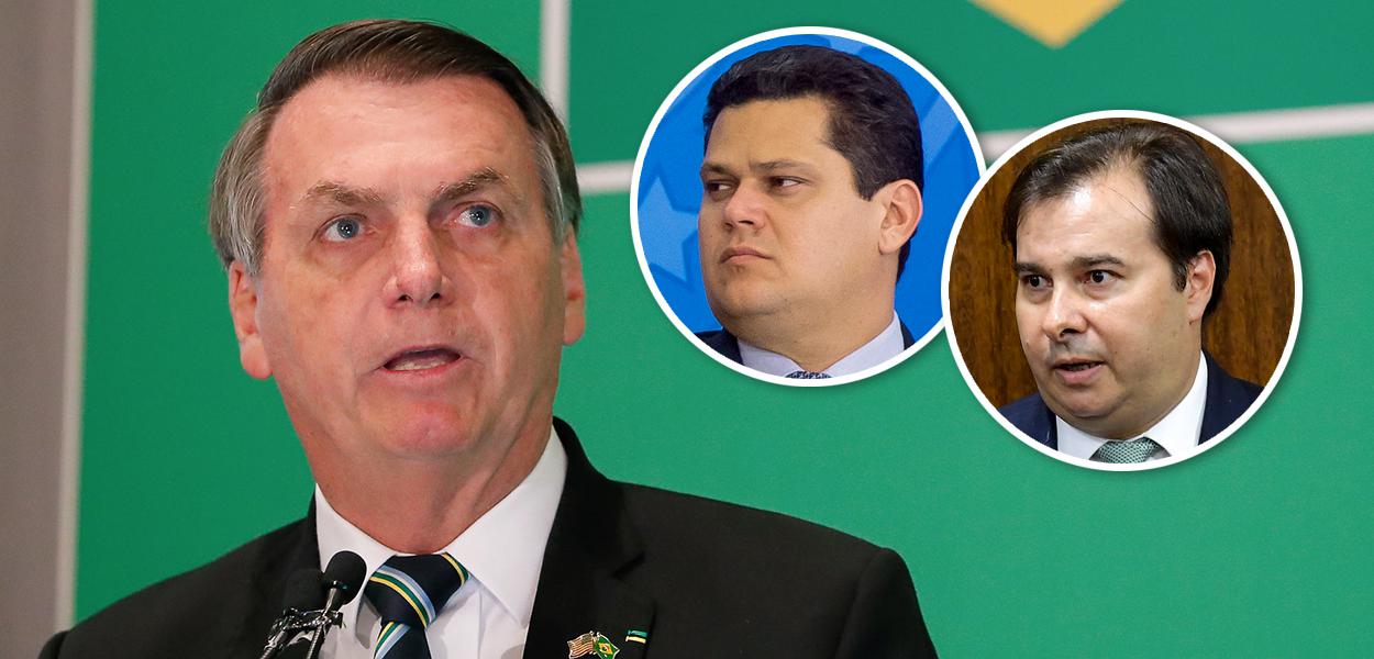 Jair Bolsonaro; Davi Alcolumbre e Rodrigo Maia no detalhe