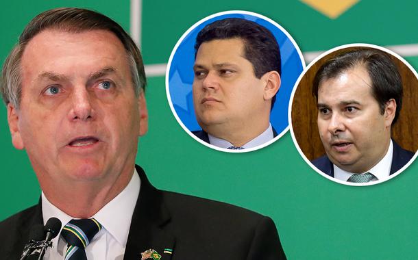 Jair Bolsonaro; Davi Alcolumbre e Rodrigo Maia no detalhe