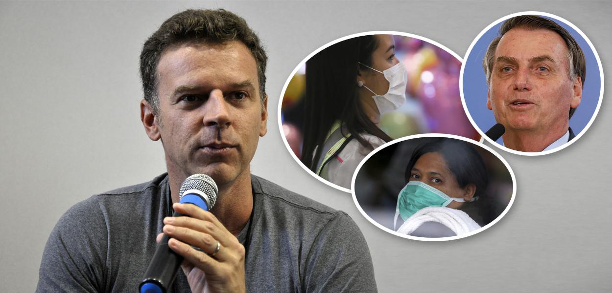 Eduardo Moreira; pessoas com máscaras e Jair Bolsonaro