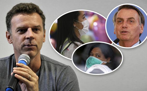 Eduardo Moreira; pessoas com máscaras e Jair Bolsonaro