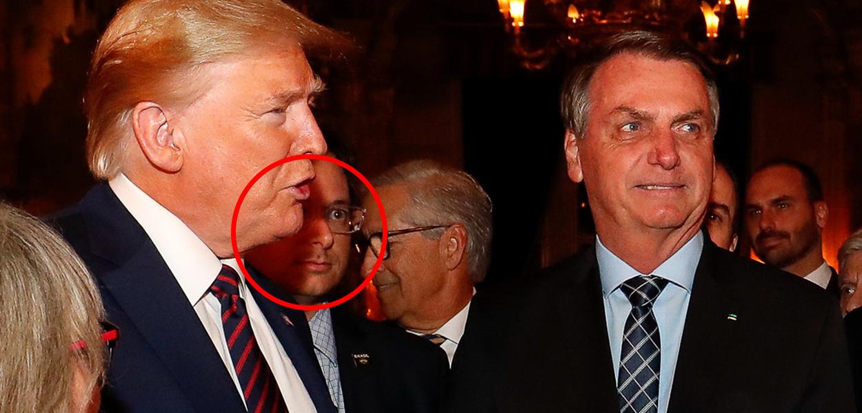 Donald Trump,  Fabio Wajngarten circulado em vermelho e Jair Bolsonaro