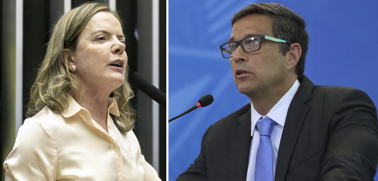 Gleisi Hoffmann, presidente nacional do PT, e Roberto Campos Neto, responsável pela presidência do Banco Central