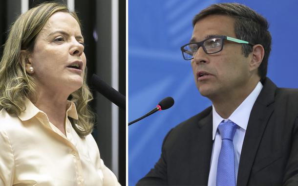 Gleisi Hoffmann, presidente nacional do PT, e Roberto Campos Neto, responsável pela presidência do Banco Central