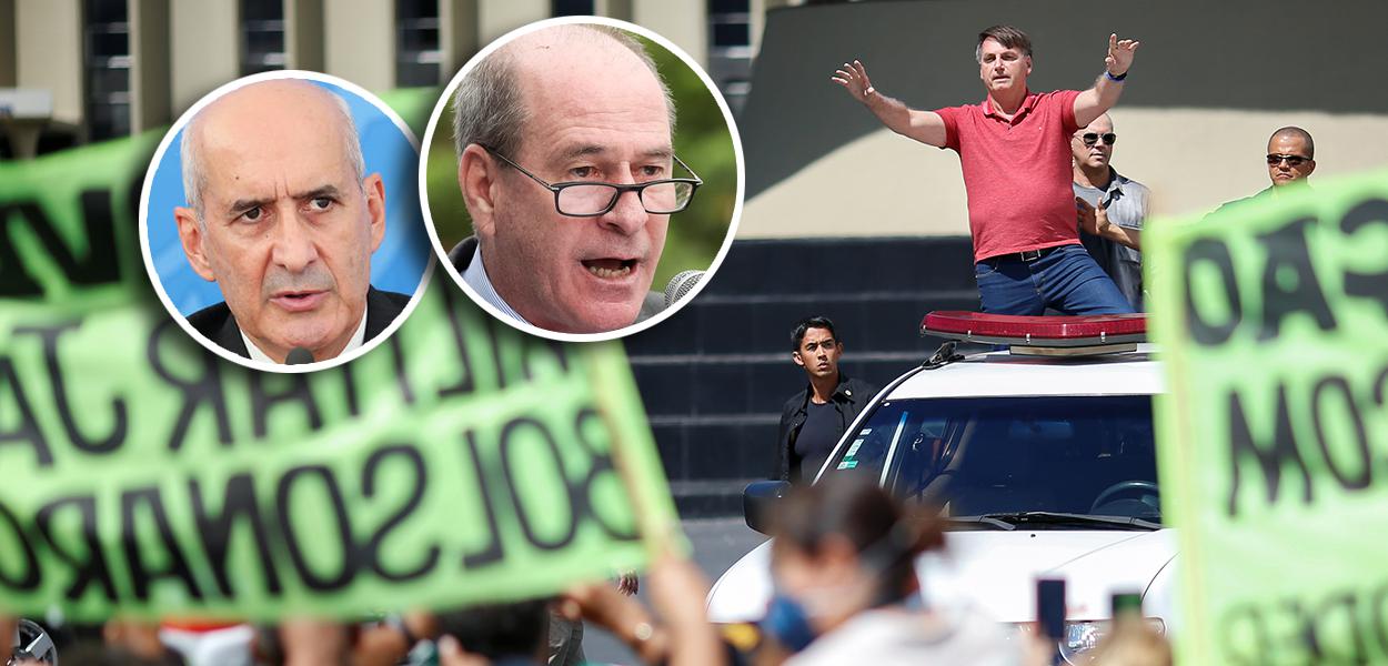 Luiz Eduardo Ramos e Fernando Azevedo e Silva; Jair Bolsonaro gesticula enquanto fala a apoiadores em um protesto.