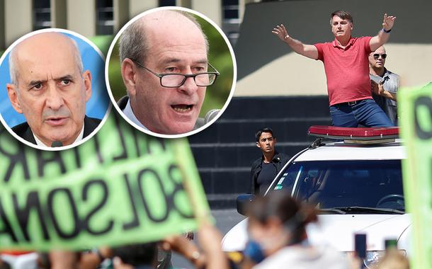 Luiz Eduardo Ramos e Fernando Azevedo e Silva; Jair Bolsonaro gesticula enquanto fala a apoiadores em um protesto.
