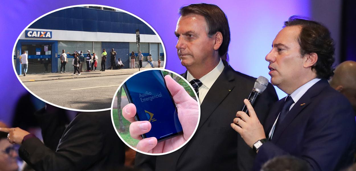 Pessoas na fila da Caixa para resgatar o Auxílio Emergencial, Jair Bolsonaro e Pedro Duarte Guimarães, presidente da Caixa