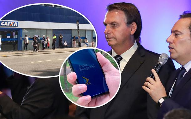 Pessoas na fila da Caixa para resgatar o Auxílio Emergencial, Jair Bolsonaro e Pedro Duarte Guimarães, presidente da Caixa