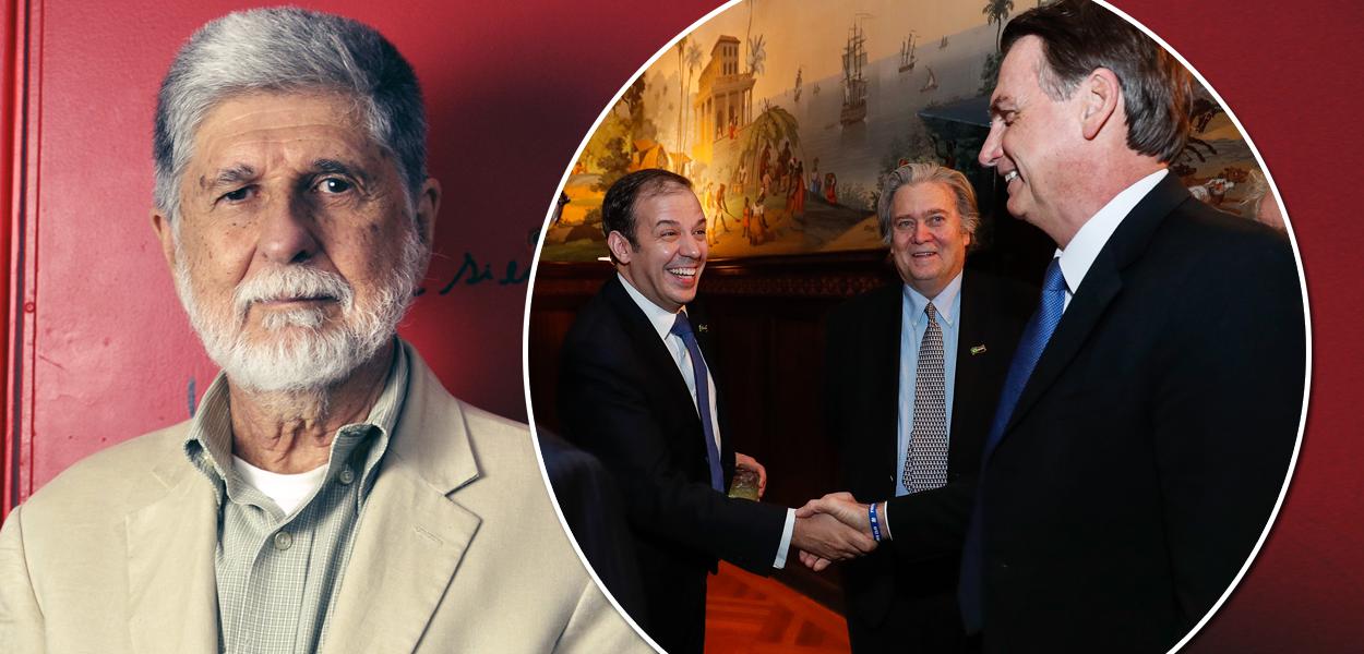 Celso Amorim; Jair Bolsonaro, cumprimenta o empresário Gerald Brant em encontro nos EUA em março de 2019. Entre eles, Steve Bannon.