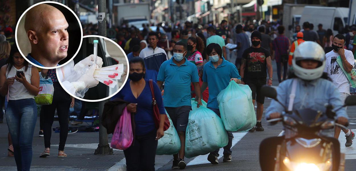 Bruno Covas; pessoas caminham pela rua 25 de março em São Paulo