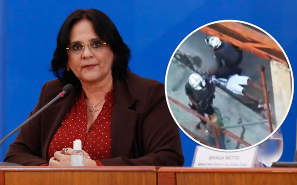 Damares Alves e policial agredindo homem