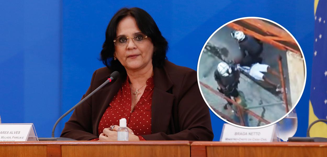 Damares Alves e policial agredindo homem