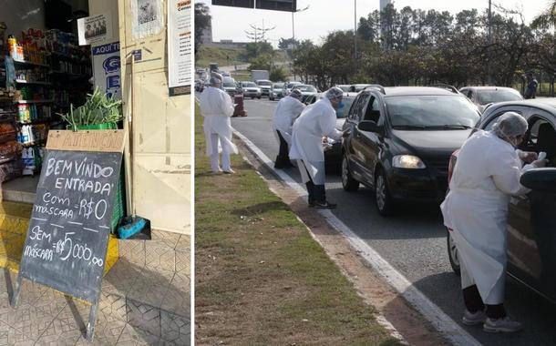 Placa na entrada do mercado; Votorantim conta com duas barreiras sanitárias para orientar moradores