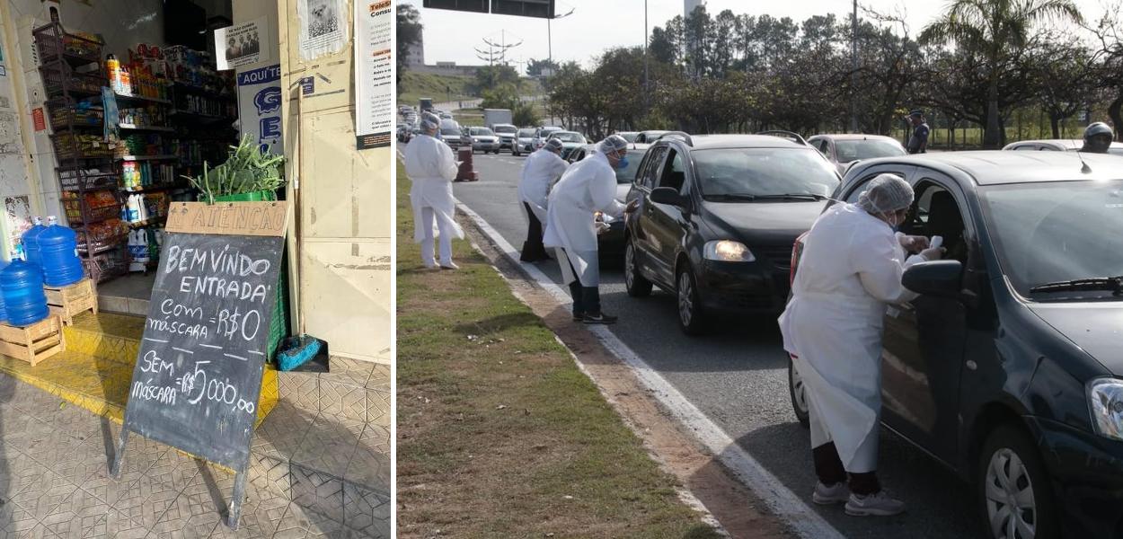 Placa na entrada do mercado; Votorantim conta com duas barreiras sanitárias para orientar moradores