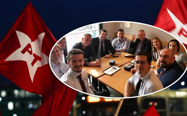 Bandeira do PT; Procuradores da força-tarefa da Lava Jato reunidos, com Roberson Pozzobon e Deltan Dallagnol à frente