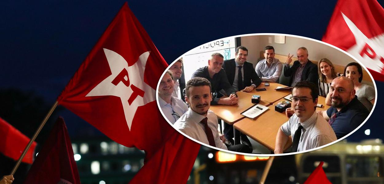 Bandeira do PT; Procuradores da força-tarefa da Lava Jato reunidos, com Roberson Pozzobon e Deltan Dallagnol à frente