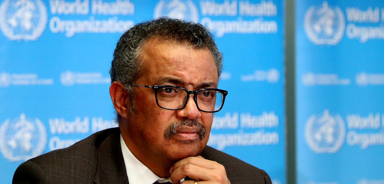 Diretor-geral da OMS, Tedros Adhanom Ghebreyesus, durante entrevista coletiva em Genebra