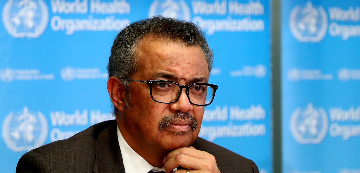 Diretor-geral da OMS, Tedros Adhanom Ghebreyesus, durante entrevista coletiva em Genebra