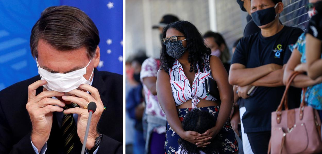 Jair Bolsonaro e pessoas de máscara