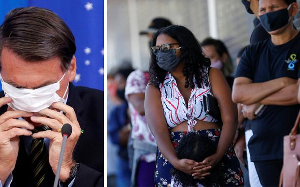 Jair Bolsonaro e pessoas de máscara