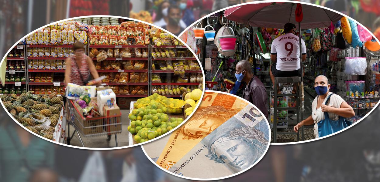 Pessoas fazendo compras e cédulas de Real