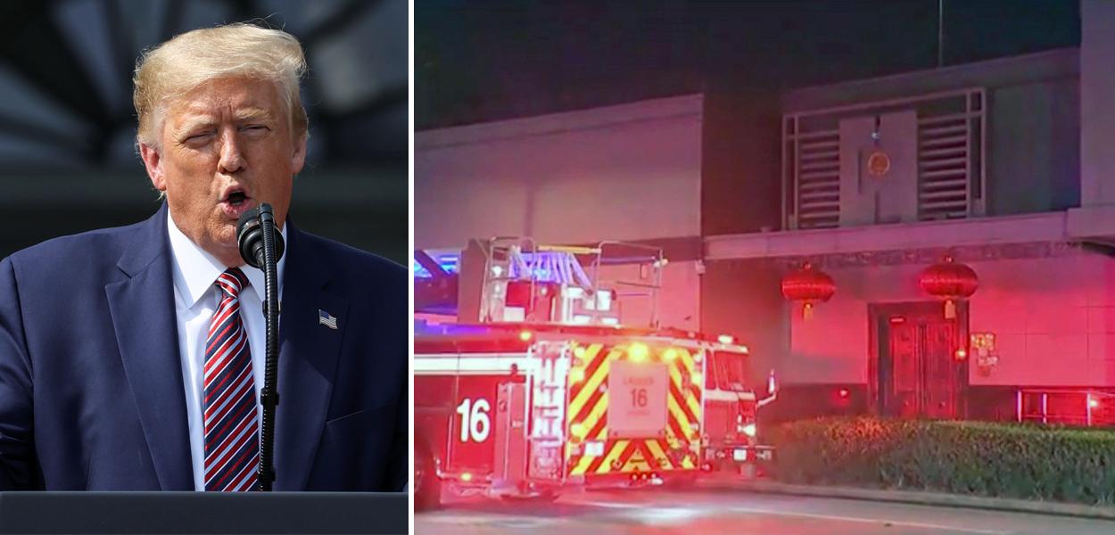 Donald Trump e carro de bombeiros é visto do lado de fora do consulado chinês em Houston, nos EUA