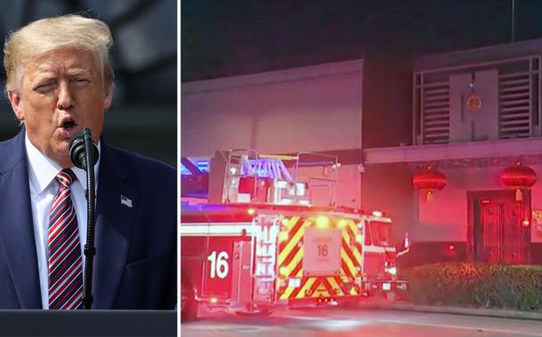Donald Trump e carro de bombeiros é visto do lado de fora do consulado chinês em Houston, nos EUA