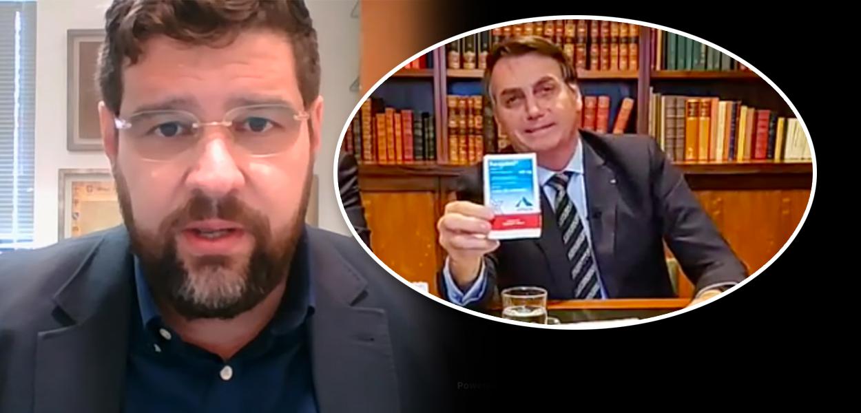 Marcelo Uchôa e Jair Bolsonaro mostrando caixa de cloroquina