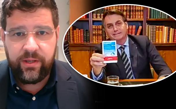 Marcelo Uchôa e Jair Bolsonaro mostrando caixa de cloroquina