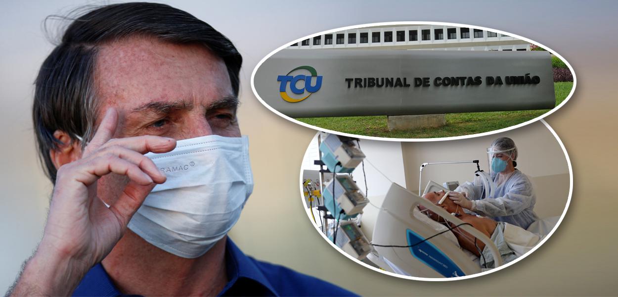 Jair Bolsonaro, fachada do TCU e pessoa hospitalizada por Covid-19