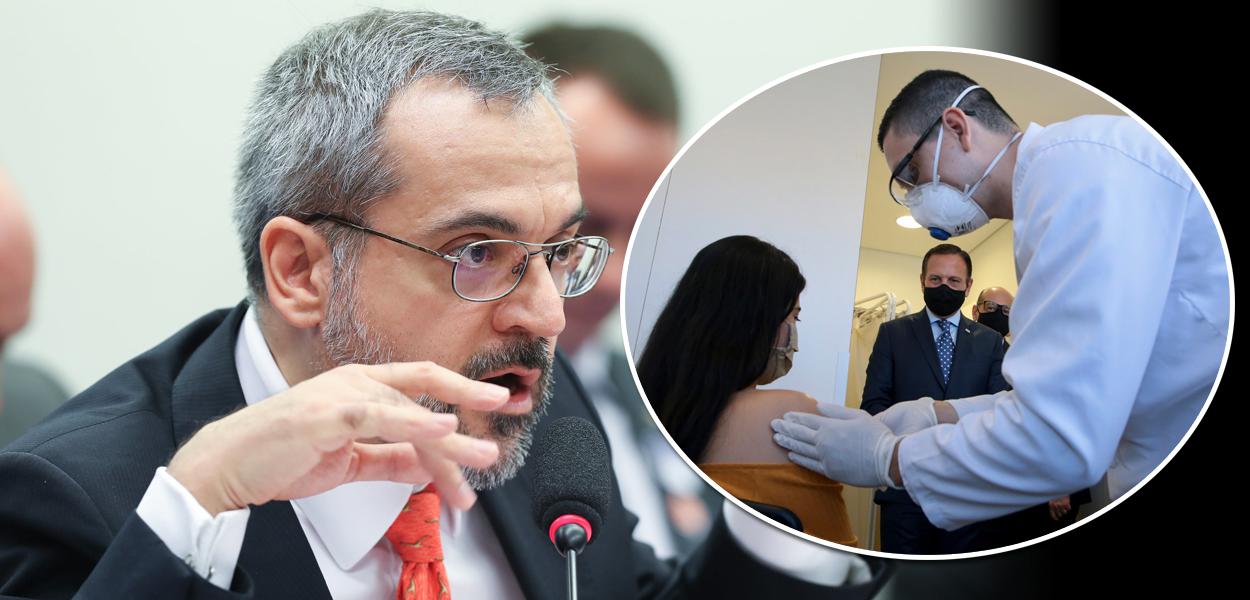 Abraham Weintraub e João Doria, acompanhando aplicação da primeira dose da vacina Coronovac no Hospital das Clínicas de São Paulo.