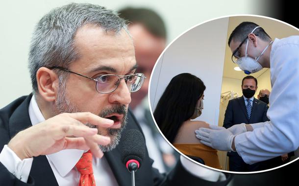 Abraham Weintraub e João Doria, acompanhando aplicação da primeira dose da vacina Coronovac no Hospital das Clínicas de São Paulo.